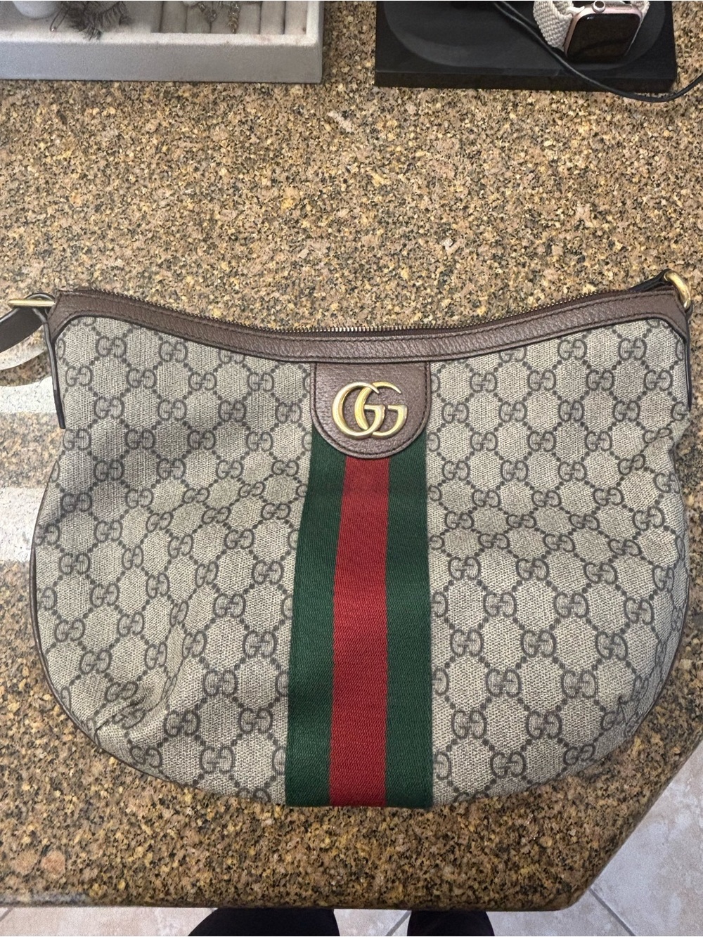 Gucci Beige GG Monogram Shoulder Bag with Green and Red Web